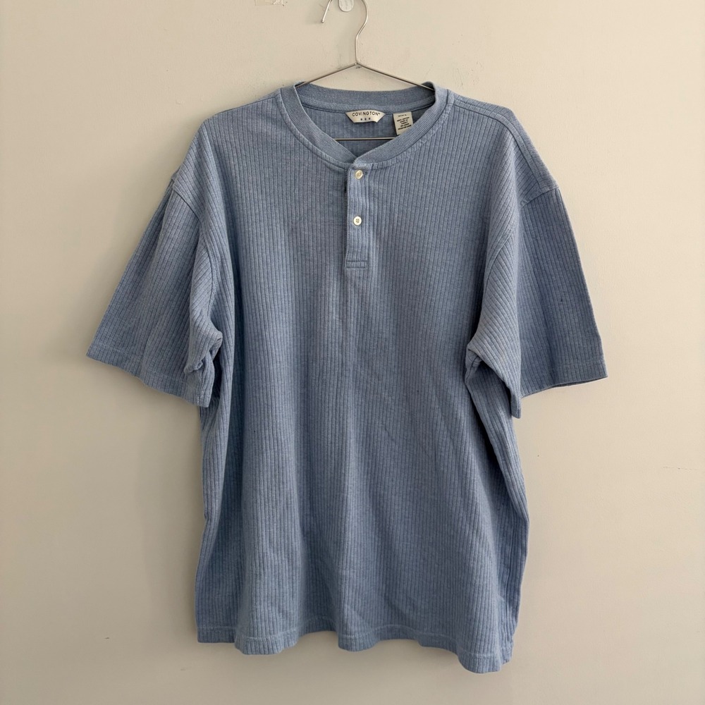 Covington Mens XXL Blue Ribbed Short Sleeve Henley Shirt Cotton